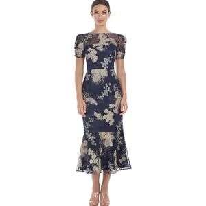 JS Collections Women's Navy Hope Flounce Tea Length Dress Formal Evening Size 6